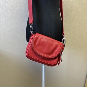 Charles Jourdan Red Leather Cross Body Bag Fold Over Zip Adjustable Strap